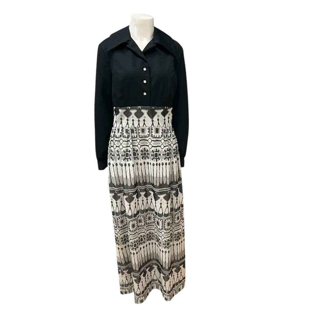 60s Mod Maxi Dress Vintage Black Silver Maxi Retro Dress Medium -